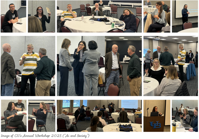 Collage of images from the CII workshop. Members having discussions and making presentations.