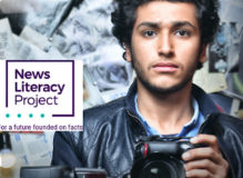 Image of a young man holding a camera and the News Literacy Project logo.