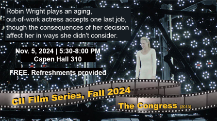 Image of woman inside a domed room full of lights and sensors. Banner reads: CII Film Series, Fall 2024, The Congress (2013). 