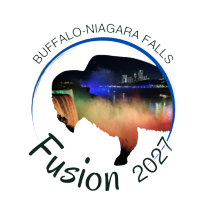 A cutout of a Buffalo displays Niagara Falls within it. Around the image is the text "Buffalo-Niagara Falls - Fusion 2027".