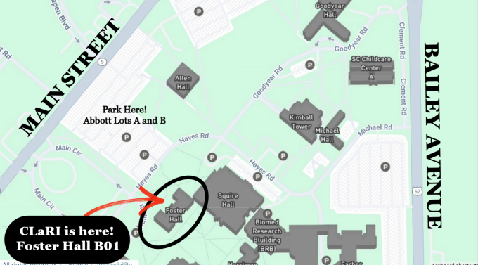 Aerial view of Foster Hall and Abbott parking lot locations off of Main Street.