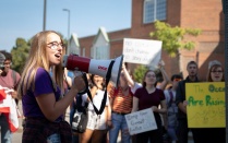 Members of the UB community participating in the Climate Strike on September 20, 2019 near the Student Union on the North Campus. The UB strike was in solidarity with millions of people in 150 countries who walked out of school and work to demand that world leaders take action to address climate change. Photographer: Meredith Forrest Kulwicki.