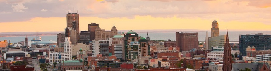 Downtown Buffalo skyline and sunset.