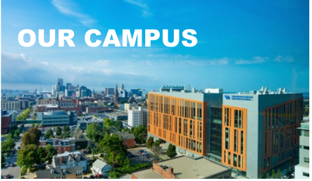 Exterior of the Jacobs School of Medicine and Biomedical Sciences with the words "our campus". 