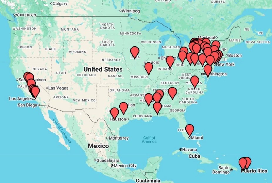 Map with pins that shows locations across the US where CLIMB UP students have come from.