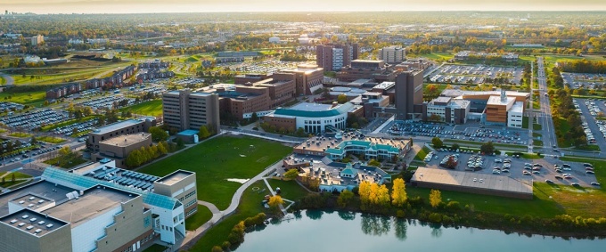 Baird Point and Lake La Salle at dusk (the blue hour) on North Campus in the fall of 2018. Photographer: Douglas Levere. 