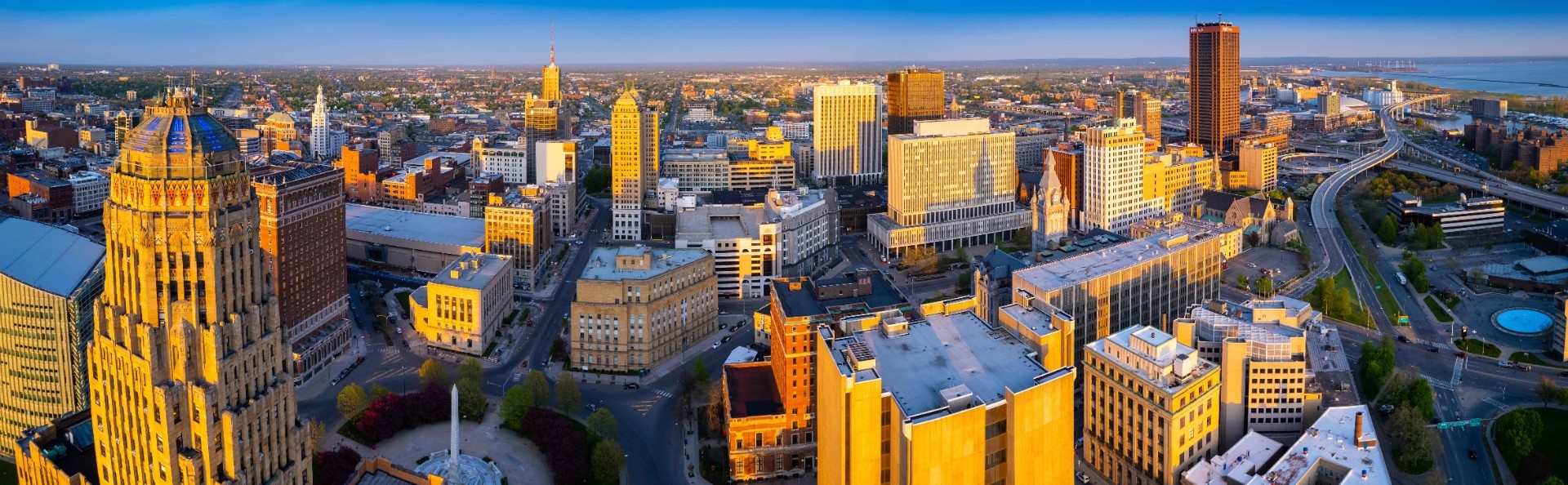 Aerial image of Buffalo City Hall taken at sunset in May 2022. Photographer: Douglas Levere. 