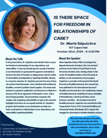 Zoom image: Title: Is there space for freedom in relationships of care? Abstract: In this presentation, Dr. Marie Sépulchre asks whether there is space for freedom in relationships of care. Starting from the apparent contradiction between ideals of freedom and independence, and the reality of vulnerability and (inter-)dependence regarding disability, the presentation proposes that the concept of freedom as non-domination is useful to articulate key aspects of social justice in relationships of care. To illustrate the argument, the presentation proceeds with the story of how Marie and her friend Alexander (who is labelled with intellectual disability) tried to publish a book together. Although the manuscript had been accepted for publication, they had to withdraw it because of the fierce opposition of Alexander’s sister, who is also his legal guardian. The presentation analyses the complex set of vulnerabilities included in the story in the light of freedom as non-domination. Sépulchre concludes that freedom is an essential element for relationships of care rooted in social justice. The presentation ends by opening a discussion on the possibility to claim freedom in a neoliberal context where care and welfare provisions are difficult to secure. 