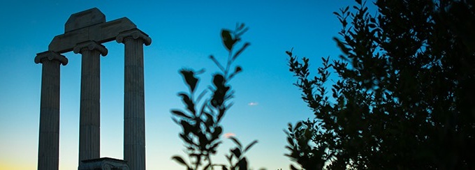 The three pillars monument at Baird Point on University at Buffalo's North Campus.