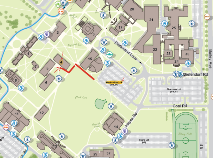 If walking from the NFTA train station turn right at the Health Sciences Library (Abbott Hall) #3 past the Diefendorf Quad field until you reach Hayes A Annex (#4) If driving park your car in the Diefendorf Lot near the Clark lawn. Walk on the path near Clark lawn and on the left side (west) of Diefendort Hall (#15) to reach Hayes A Annex (#4).