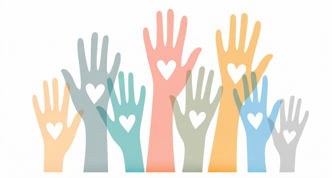 An illustration of several raised hands in various colors, each with a heart in the center of the palm.