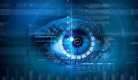 a composite image depicting a human eye, fingerprint, and biometric measurements.