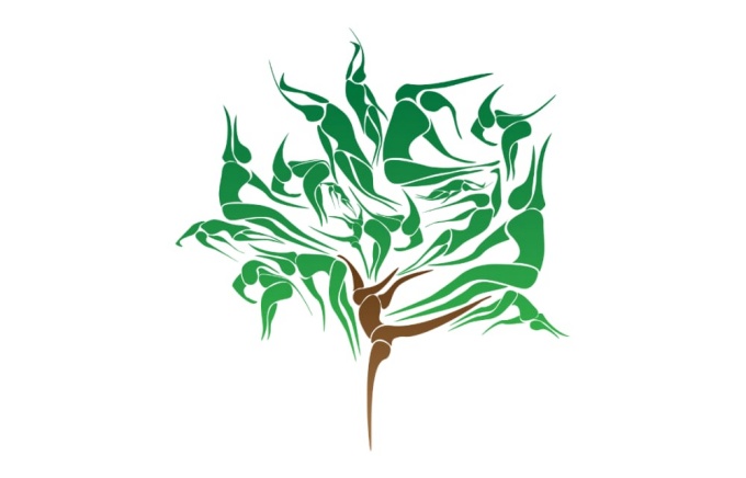 choreographic banner with green and brown human figures shaped as a tree.