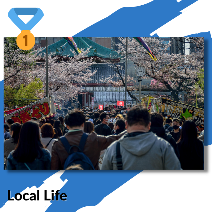 Crowd with Cherry Blossoms Overhanging Street.