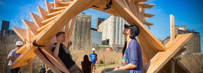 Students at the Architecture and Planning Reflection Space Construction at Silo City in Buffalo.