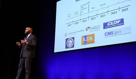 A presenter at the Panasci Technology Entrepreneurship Competition during his live pitch.