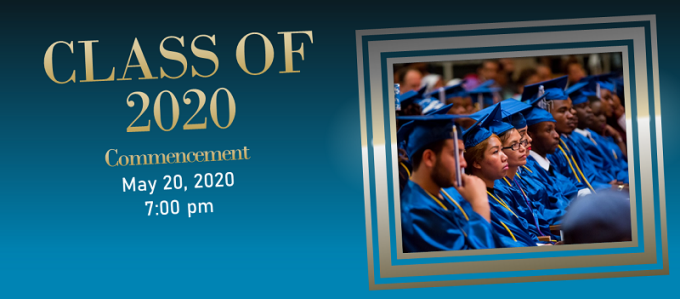 EOC GRADUATION Class of 2020 text with people in caps and gowns.