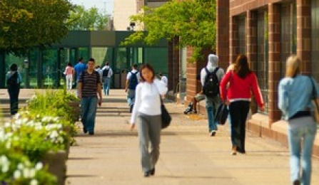 Students walking on campus. 