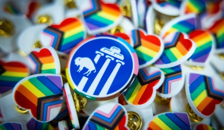 Heart pins and UB pins with pride colors.