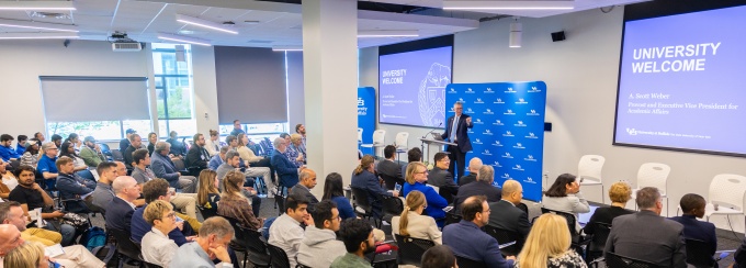 The UB community gathers for “Exploring the Future of AI for Maximum Industry Impact,” the sixth edition of the UB | AI Chat Series, held at UB’s Center of Excellence in Bioinformatics and Life Sciences on the Downtown Campus in May 2024. The event welcomed Dario Gil, IBM senior vice president and director of research. 