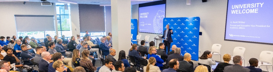 The UB community gathers for “Exploring the Future of AI for Maximum Industry Impact,” the sixth edition of the UB | AI Chat Series, held at UB’s Center of Excellence in Bioinformatics and Life Sciences on the Downtown Campus in May 2024. The event welcomed Dario Gil, IBM senior vice president and director of research. 