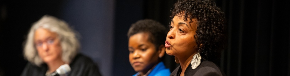 Gender Studies hosted a panel with India Walton (center), Keeanga-Yamahtta Taylor (attended virtually), and Rahwa Ghirmatzion (right) as part of their series on social reproduction and the crisis of housing in Buffalo. Carrie Tirado Bramen (left), the director of the Gender Institute, moderated the discussion. 