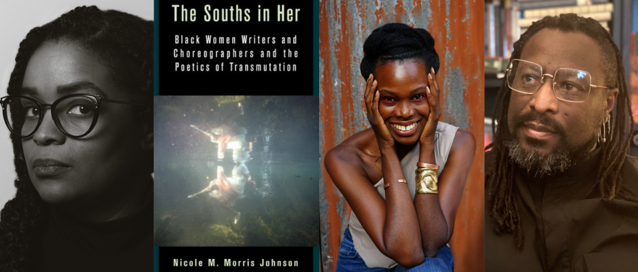 Photo of a woman in black and white, book cover, woman with hands framing her face, smiling at the camera, and photo of a man with facial hair and glasses, looking to the right.