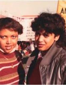 Kamala D. Harris, right, and classmate Gwen Whitfield in November 1982, during Harris’s freshman year at Howard University, at the Mall protesting apartheid and calling for divestment from South Africa. (Courtesy of Kamala D. Harris). 