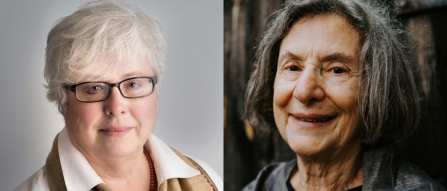 image shows a woman with glasses and short white hair smiling at the camera, another image of a woman smiling at the camera with short dark gray hair.
