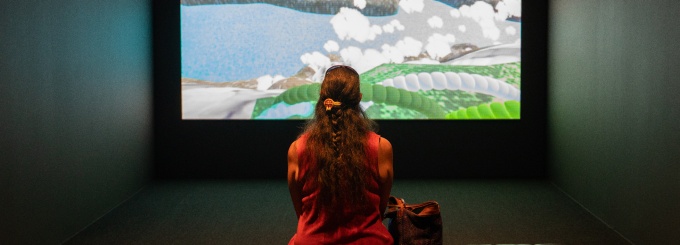 An exhibition celebrating 50 years of Indigenous studies at UB that showcases the work of 48 artists from the Hodinöhsö:ni’ Confederacy on display at UB Art Galleries in July 2022. “O’nigöëi:yo:h Thinking In Indian” encompasses various media and platforms, including digital data, black ash, moose hair, glass beads, paint and more. This part of the exhibit is at the UB Art Gallery in the Center for the Arts.