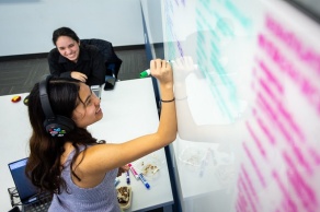 Students gather to study and socialize in the Silverman Library in December 2024. A group of first year pharmacy students are studying for a class on the 300 most prescribed medications..