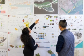 Architecture students, faculty and others gather for open studio discussion during Atelier week in April 2025. The studios were located in Parker, Hayes and Crosby Halls.