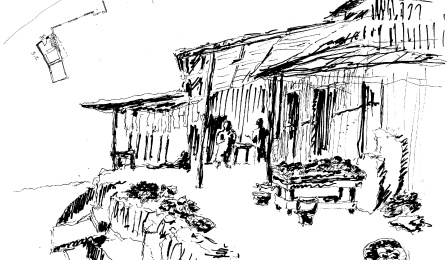 Plan and perspectival sketch of urban informal commerce. Source: S. Annable, 2011.