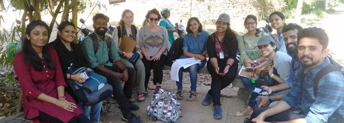 After a day of data collection in the village of Karakulam, Kerala, College of Engineering Trivandrum (CET) and University at Buffalo students take a break in the shade of a bamboo tree. Source: Karakulam Community Food System Assessment, University at Buffalo, 2020.