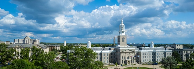 Aerial image of Hayes Hall on South Campus taken in July 2023. Photographer: Douglas Levere.