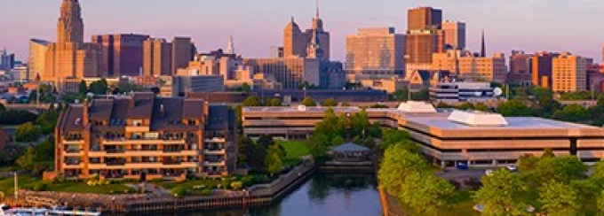 Aerial image of downtown Buffalo, NY, including the Erie Basin Marina and Riverworks taken an evening in June 2021. Photographer: Douglas Levere This image has been approved by University Communications—under the guidance of UB’s Office of Environment, Health and Safety—to align with current health and safety regulations during the COVID-19 pandemic.