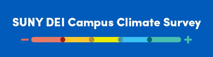 Zoom image: A graphic with the words SUNY DEI Campus Climate Survey with a bar that starts with a negative sign and changes color from rainbow order to a plus sign. 