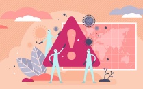 Concept of global health threat featuring a caution/attention symbol, large virus molecules, a map of the world and figures dressed in hazmet suits. 