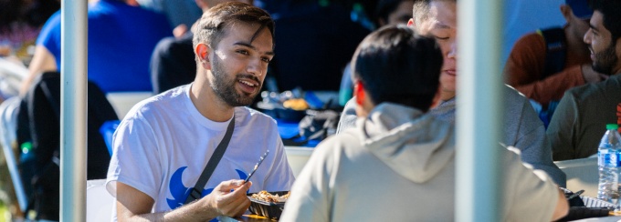 Students talking during lunch.