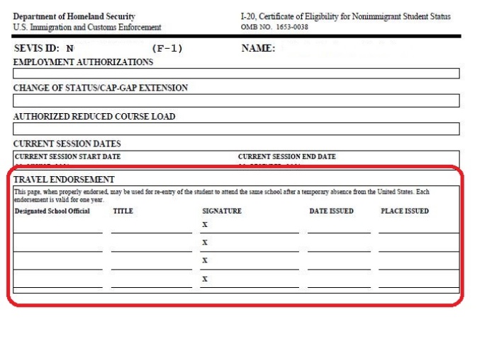 Example Travel Endorsement section on Page 2 of an I-20. 