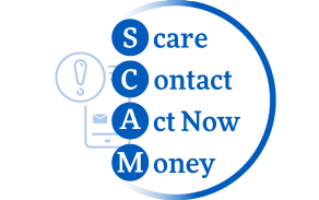SCAM acronym for Scare, Contact, Act Now, Money to illustrate scammer tactics.