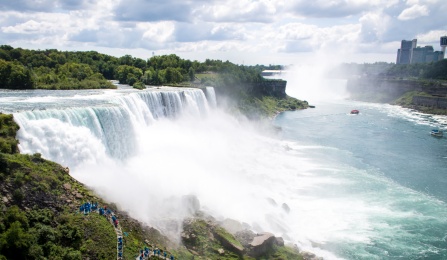 Panoramic photo of Niagara Falls with American Falls and Bridal Veil Falls in the foreground and the Horseshoe Falls in the background.