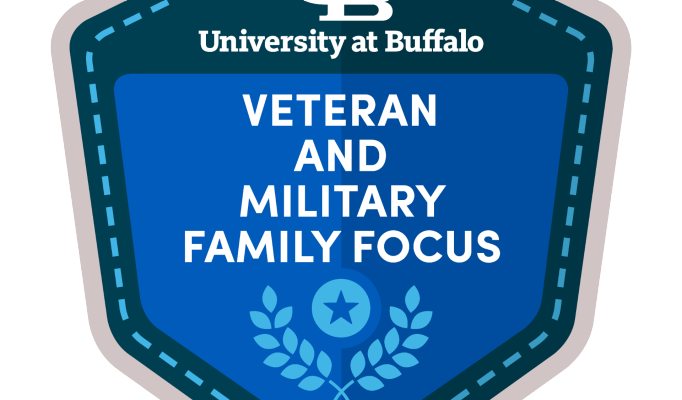 University at Buffalo Veteran and Military Family Focus badge. 