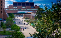 Aerial photo of North Campus with students walking outdoors. 