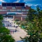 Aerial photo of North Campus with students walking outdoors. 