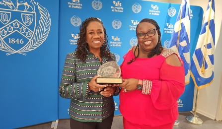 MFSA President Ramelli Choates and Martin Luther King, Jr. Commemoration Speaker Sherilynn Ifill posing with a plaque.