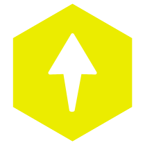 White up arrow inside yellow hexagon. 
