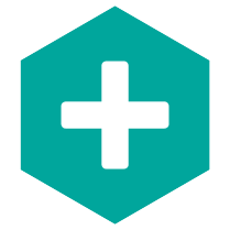 White plus sign inside green hexagon.