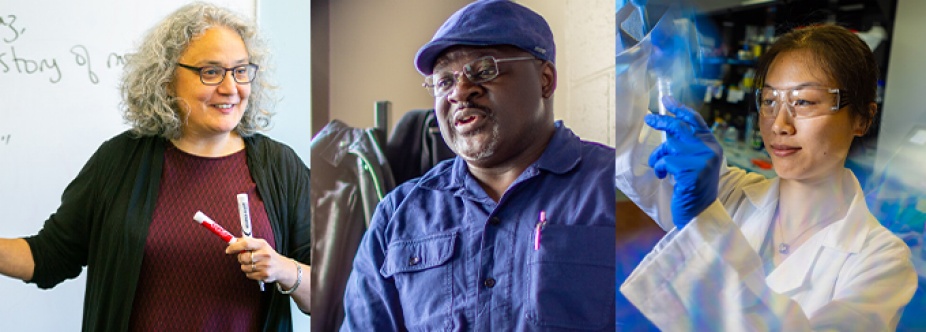 Three images of people from left to right: person standing pointing at a dry erase board holding markers, person with a hat and glasses with a coat hanging in the background, and a person in a lab looking at a test tube. 