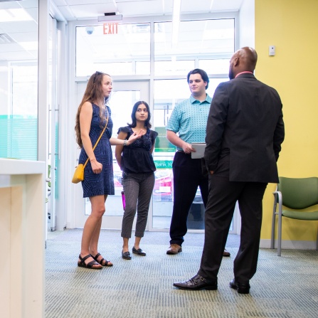 Three fellows with UB’s Social Impact Fellows program working with M&T Bank met a branch manager in Buffalo, NY in June 2021. The fellows are students with the School of Management, School of Social Work and the College of Arts and Sciences who are paired with a local organization to create social innovation. Photographer: Meredith Forrest Kulwicki.